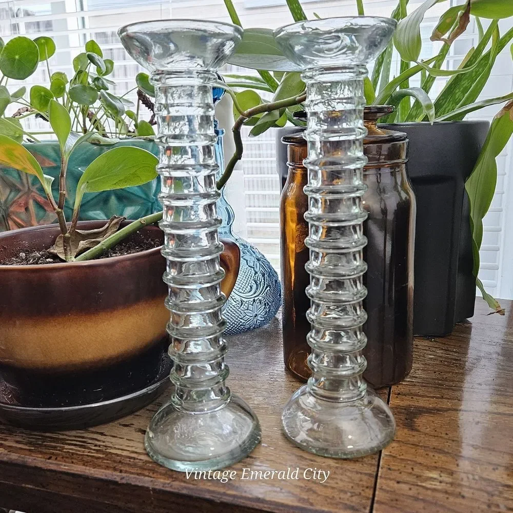 Vtg Stacked Bubble Glass 20th Century Ribbed Pale Green Candle Holders Spain Set